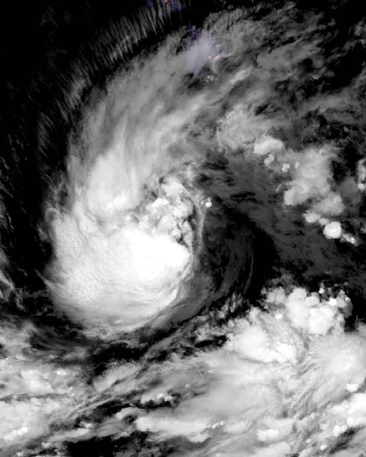 A satellite image of SOUTH OF THE BIG ISLAND — A STRENGTHENING STORM UNDER A HURRICANE WATCH FOR HAWAII COUNTY, from NASA Worldview / GIBS, centred at 14.9°N, 156.0°W, about 12 degrees across.