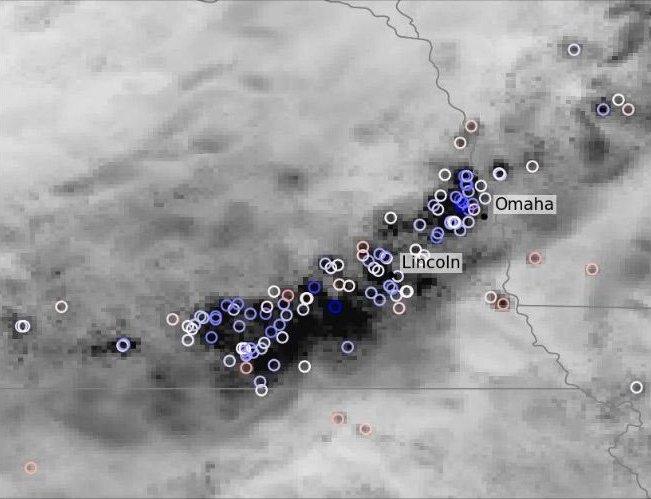 RE-FOCUS, with the reports taken in: the night's maximum gusts, with the storm reports marked