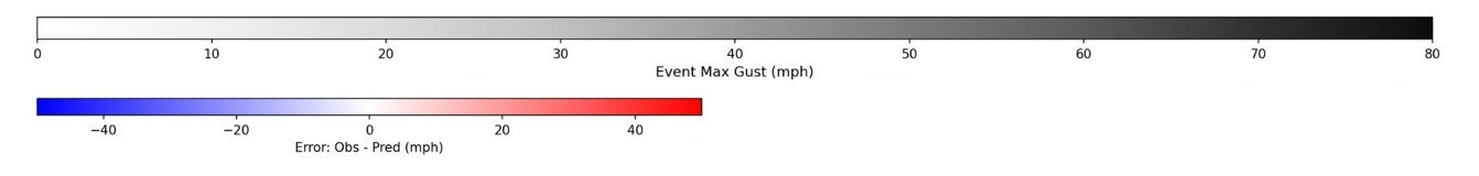 Colour key: maximum gust in miles per hour from 0 to 80, and the error at each storm report from 40 mph too low to 40 mph too high